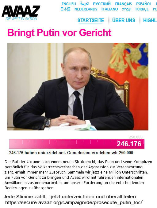 Avaaz Petition Bringt  Putin vor Gericht